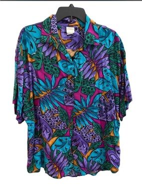Vintage 80's Sirena multicoloured tropical button up blouse with tie front
